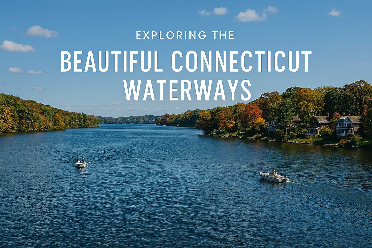 A scenic view of beautiful Connecticut waterways featuring a small boat cruising through calm waters surrounded by lush greenery and clear skies. The image promotes boating safety, responsible boating, and the importance of boating education and certification.