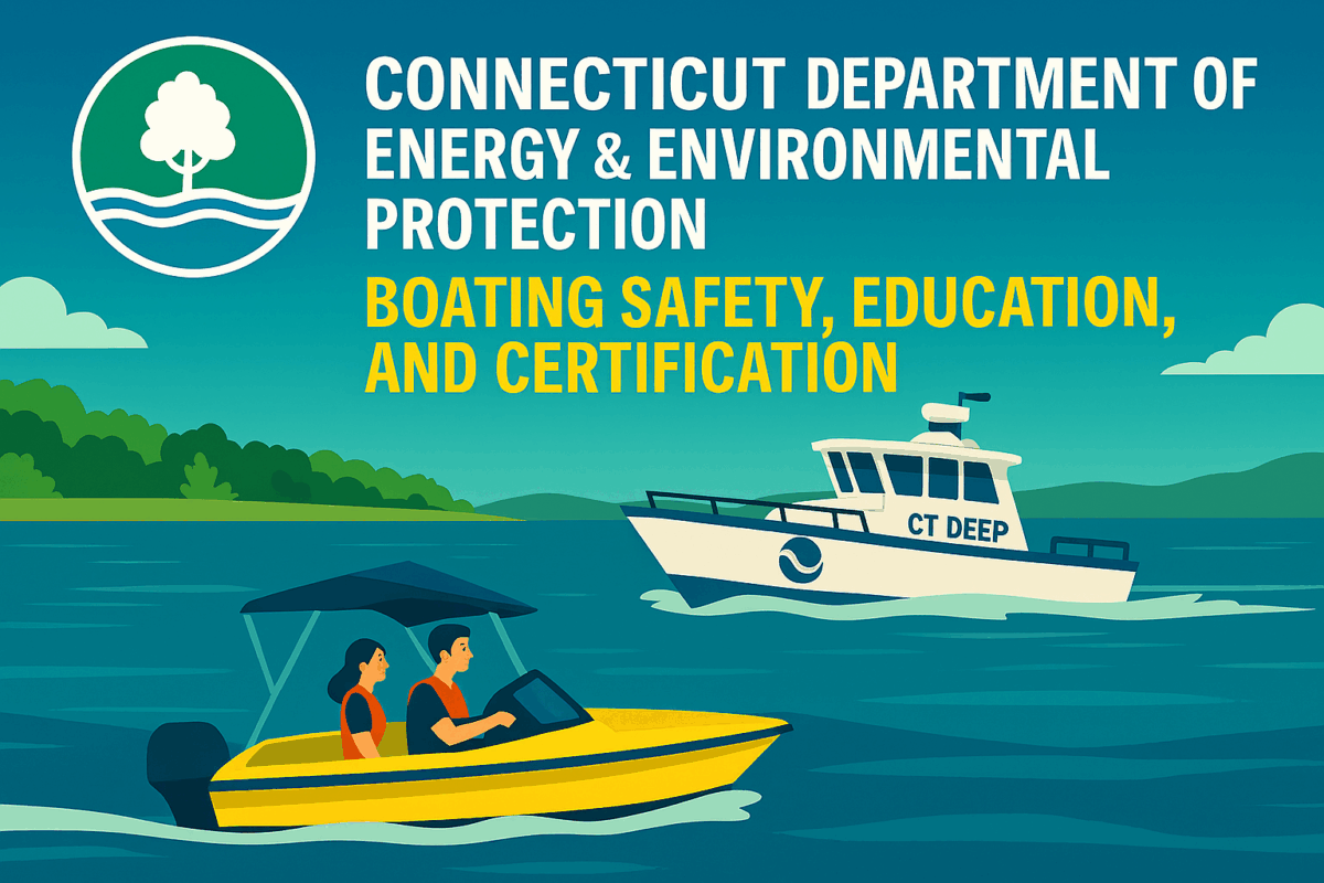 A scenic image of Connecticut boaters practicing safe boating under CT DEEP guidelines, showcasing education, certification, and responsible waterway use.