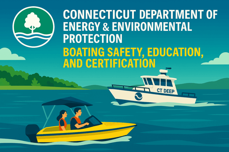 A scenic image of Connecticut boaters practicing safe boating under CT DEEP guidelines, showcasing education, certification, and responsible waterway use.