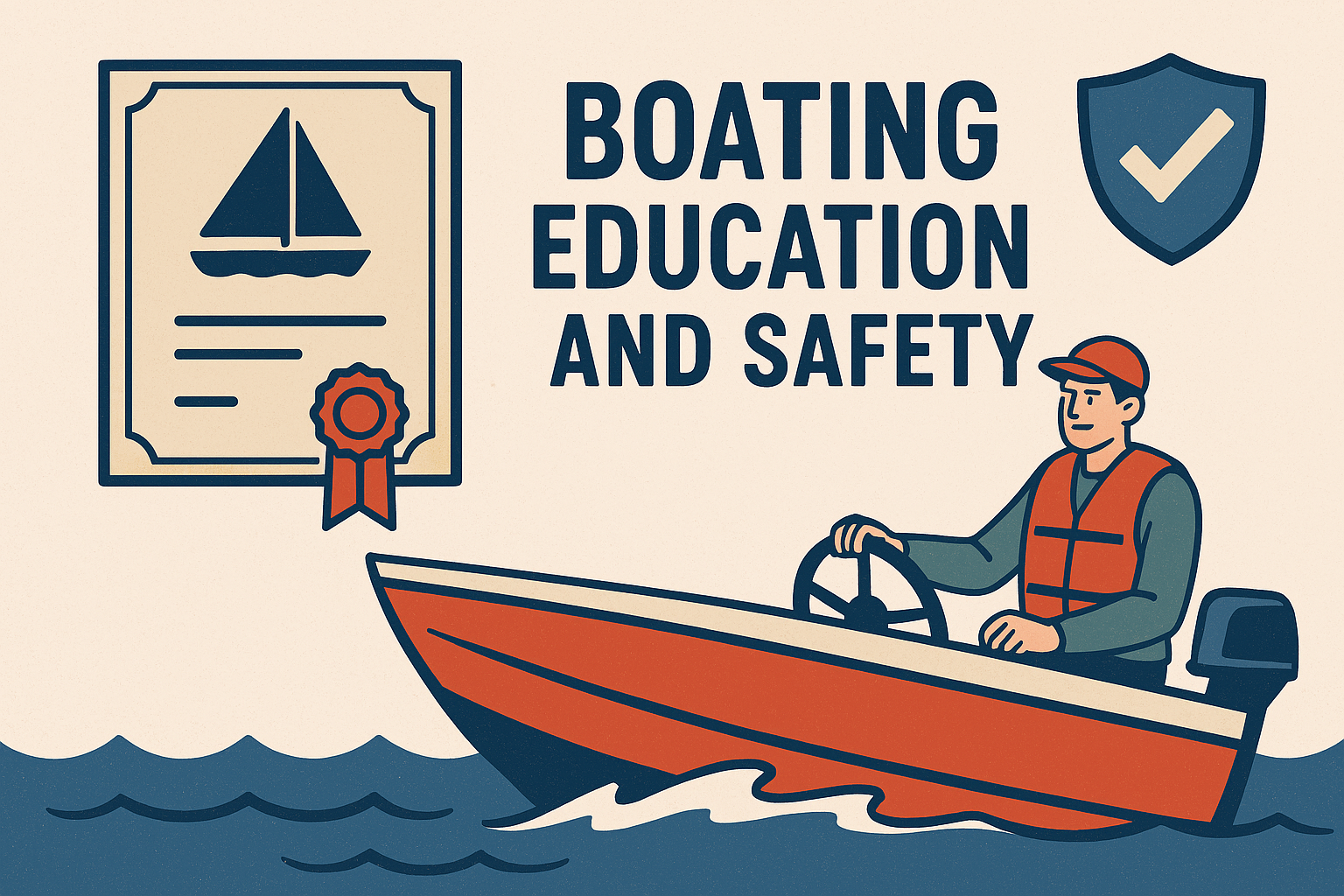 A confident boater holds a Connecticut Boating Certificate while standing beside a well-equipped vessel on a calm lake.