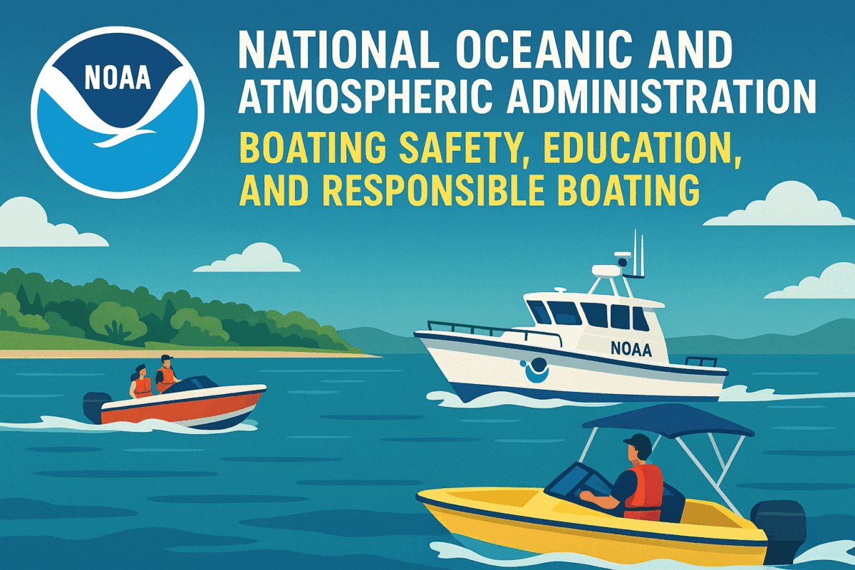 A NOAA patrol vessel monitoring coastal waters, promoting boating safety, education, and certification for responsible and smart boating practices.
