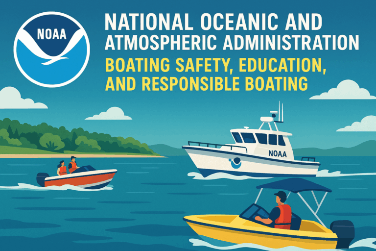 A NOAA patrol vessel monitoring coastal waters, promoting boating safety, education, and certification for responsible and smart boating practices.