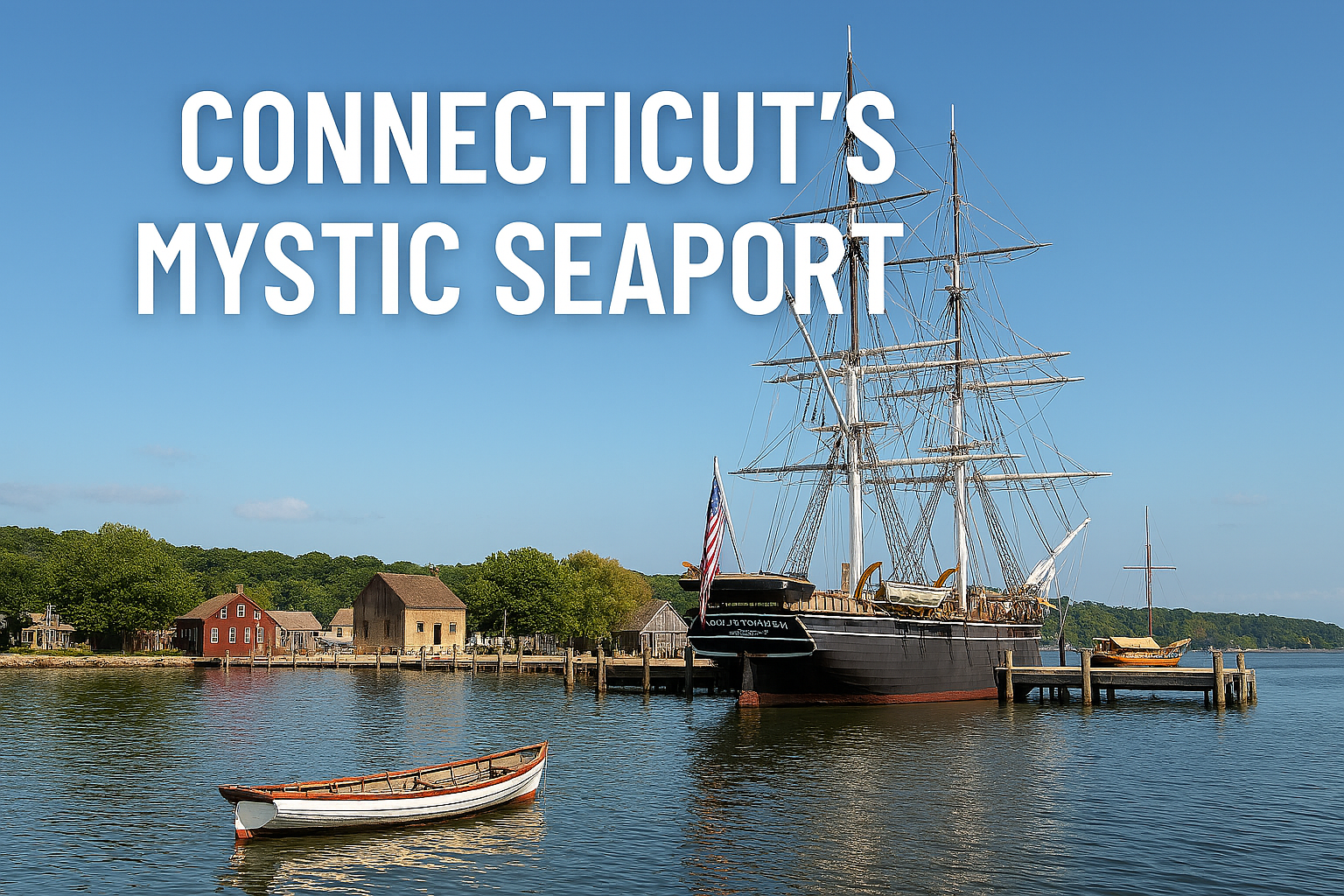 A scenic view of Connecticut’s Mystic Seaport featuring historic ships, a waterfront village, and families enjoying educational boating exhibits.