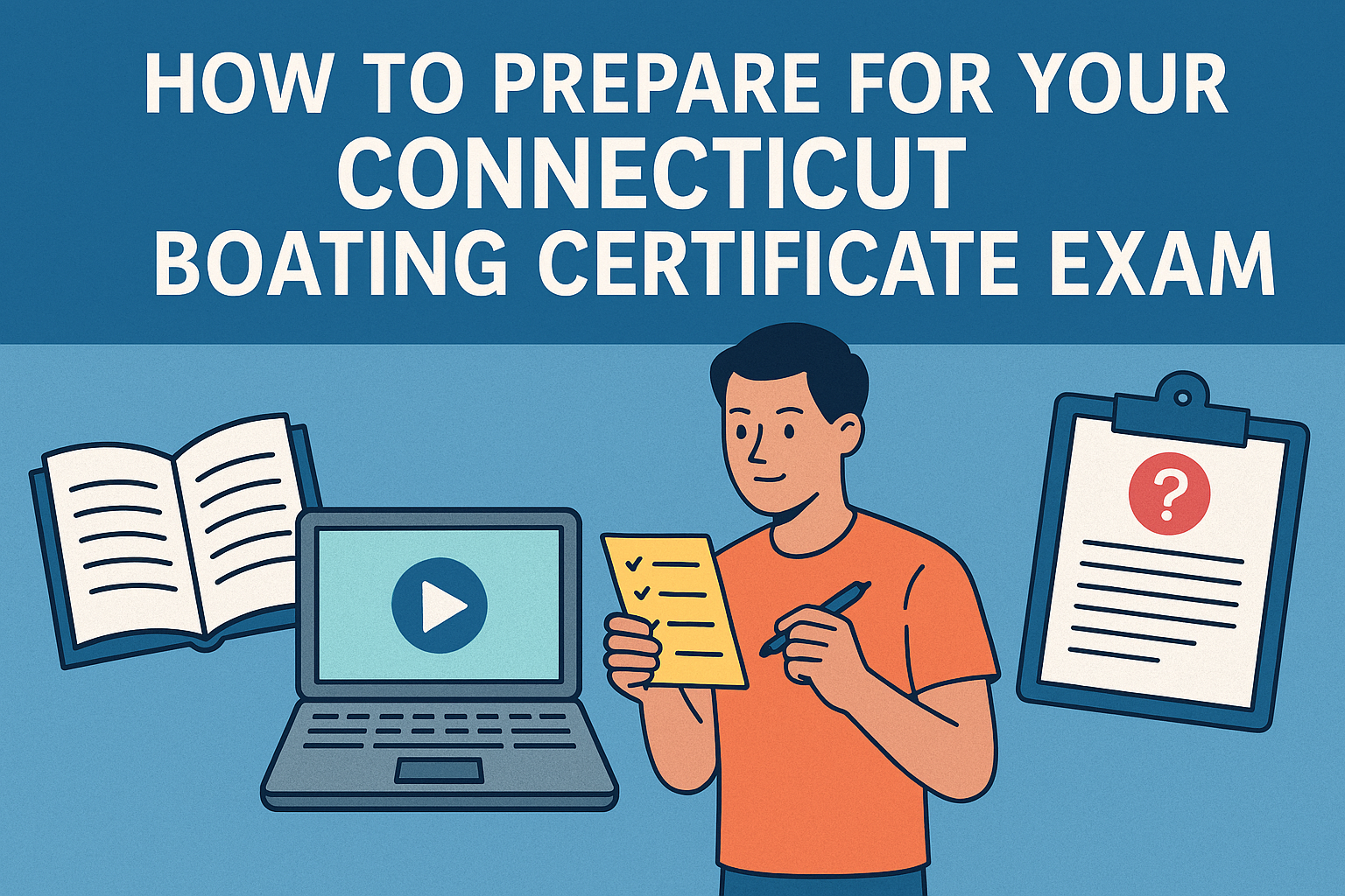 How to Prepare for Your Connecticut Boating Certificate Exam begins with visualizing success. This image shows a confident boater reviewing study materials beside a calm Connecticut lake. With a certification handbook in hand, the boater prepares for the upcoming exam. Nearby, a docked vessel reinforces the connection between learning and real-world application.