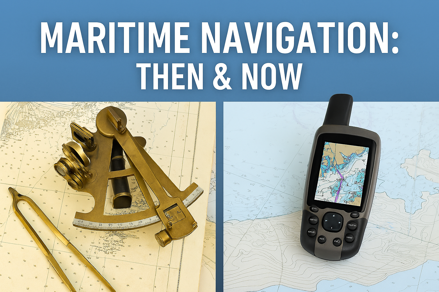 A split-scene image showing traditional maritime navigation with a sextant and compass on one side, and modern GPS and digital charts on the other, symbolizing the evolution of boating safety and navigation practices.