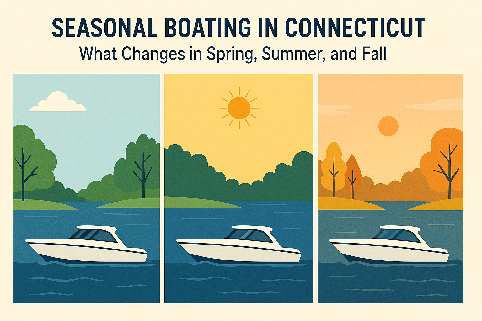 A scenic collage showing Connecticut boaters navigating spring fog, summer crowds, and fall foliage, emphasizing seasonal safety and education.