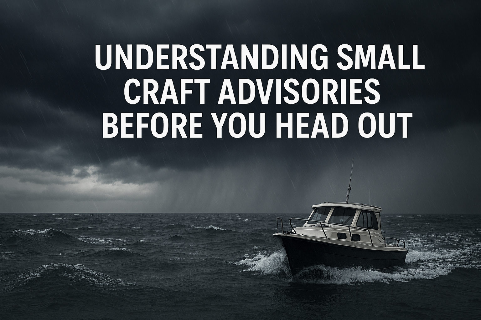 A small boat navigating rough waters under dark storm clouds with heavy rain, symbolizing the importance of boating safety and preparation. Understanding Small Craft Advisories Before You Head Out is so important.
