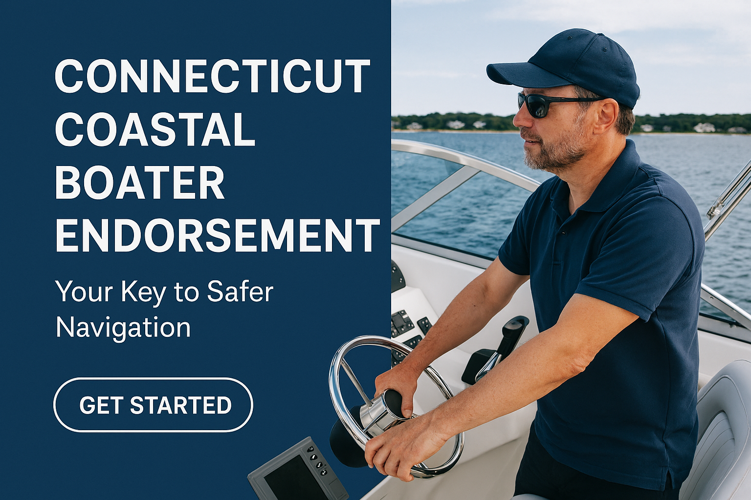 A boater confidently steering a modern vessel on calm coastal waters with clear skies. The left side of the image features bold text reading “Connecticut Coastal Boater Endorsement: Your Key to Safer Navigation” and a call-to-action button labeled “Get Started.” The right side shows the helm with a stainless-steel steering wheel, electronic navigation display, and throttle controls. The background includes blue water and a distant shoreline with trees and houses, creating a professional and inviting boating scene that emphasizes boating safety, certification, and responsible navigation.