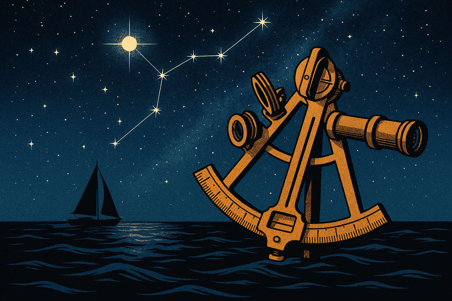 A classic brass sextant rests against a dark ocean backdrop under a star-filled night sky. A sailboat glides across calm waters while a constellation shines brightly overhead, symbolizing celestial navigation and traditional boating skills.