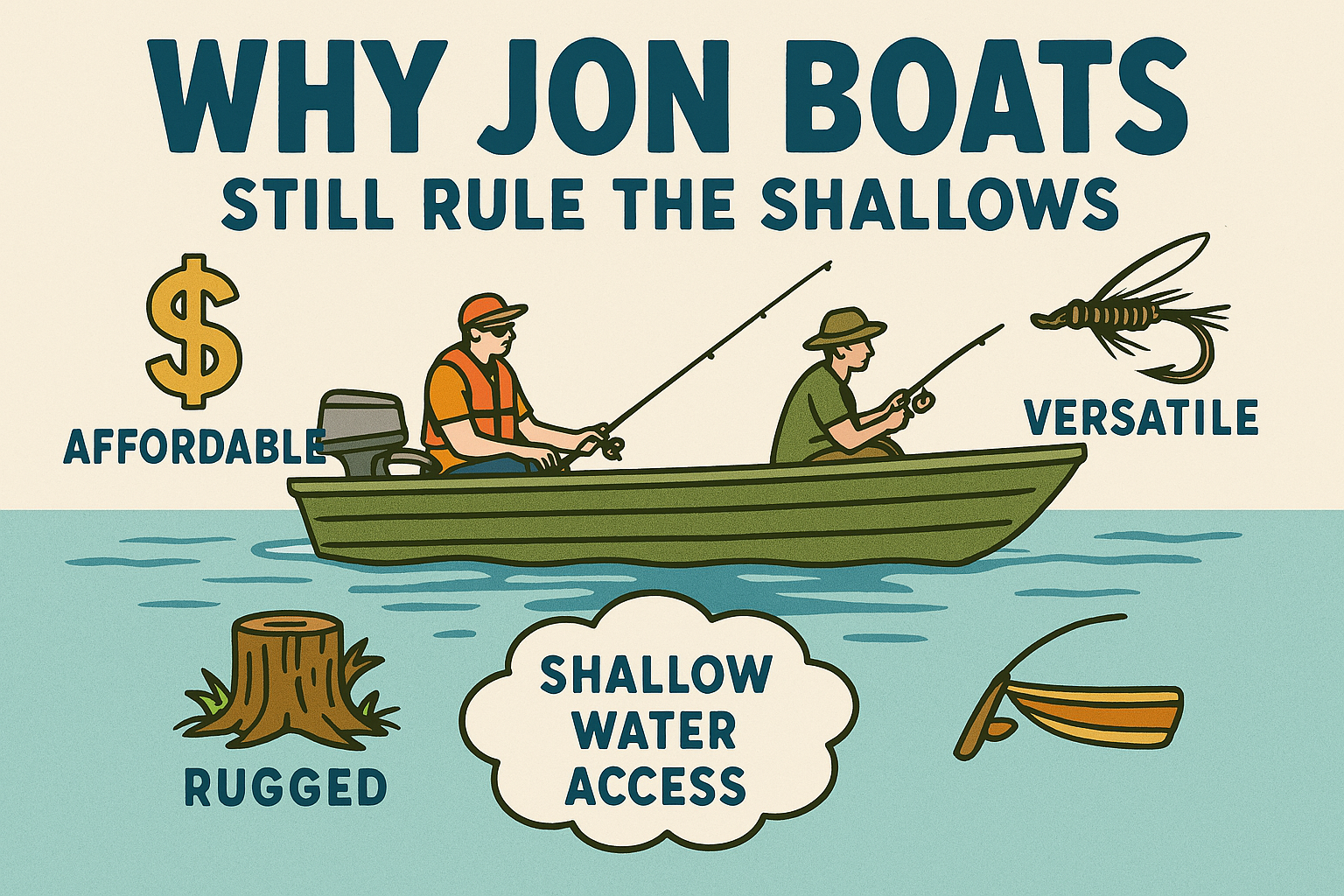 Illustration of anglers enjoying a calm day in a Jon boat, emphasizing boating safety, responsible operation, shallow water access, and smart boating practices supported by proper boating education and certification.