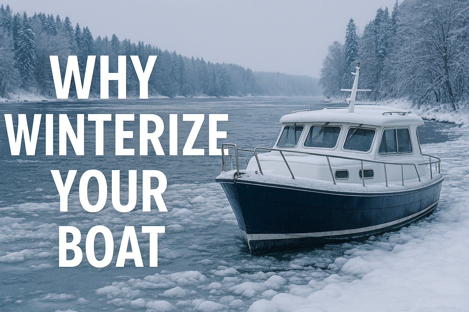 A small cabin cruiser sits frozen in icy winter waters surrounded by snow‑covered trees, illustrating the importance of winterizing your boat and practicing responsible boating, safe boating habits, and smart seasonal preparation taught in boating education and Connecticut Boating Certificates courses.