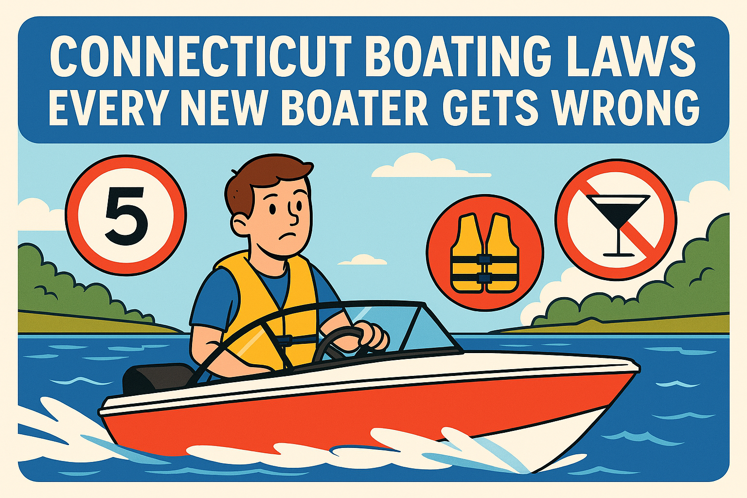 Illustration of a recreational boater operating a small motorboat on calm Connecticut waters while following critical boating safety laws. The image highlights essential safe boating practices, including posted speed limits, proper life jacket use, and alcohol restrictions. It visually reinforces the importance of boating education, responsible boating, and maintaining a smart, safety‑first boating mindset. The scene reflects how a boating certificate and boater’s license help operators understand Connecticut boating laws, prepare for on‑water enforcement, and make safe decisions that protect passengers, other boaters, and the environment. Designed to support boating safety awareness and promote Connecticut Boating Certificates, the image communicates the value of proper training, compliance, and confident, educated boating.. Connecticut Boating Laws Every New Boater Gets Wrong. Connecticut Boating Laws Every New Boater Gets Wrong