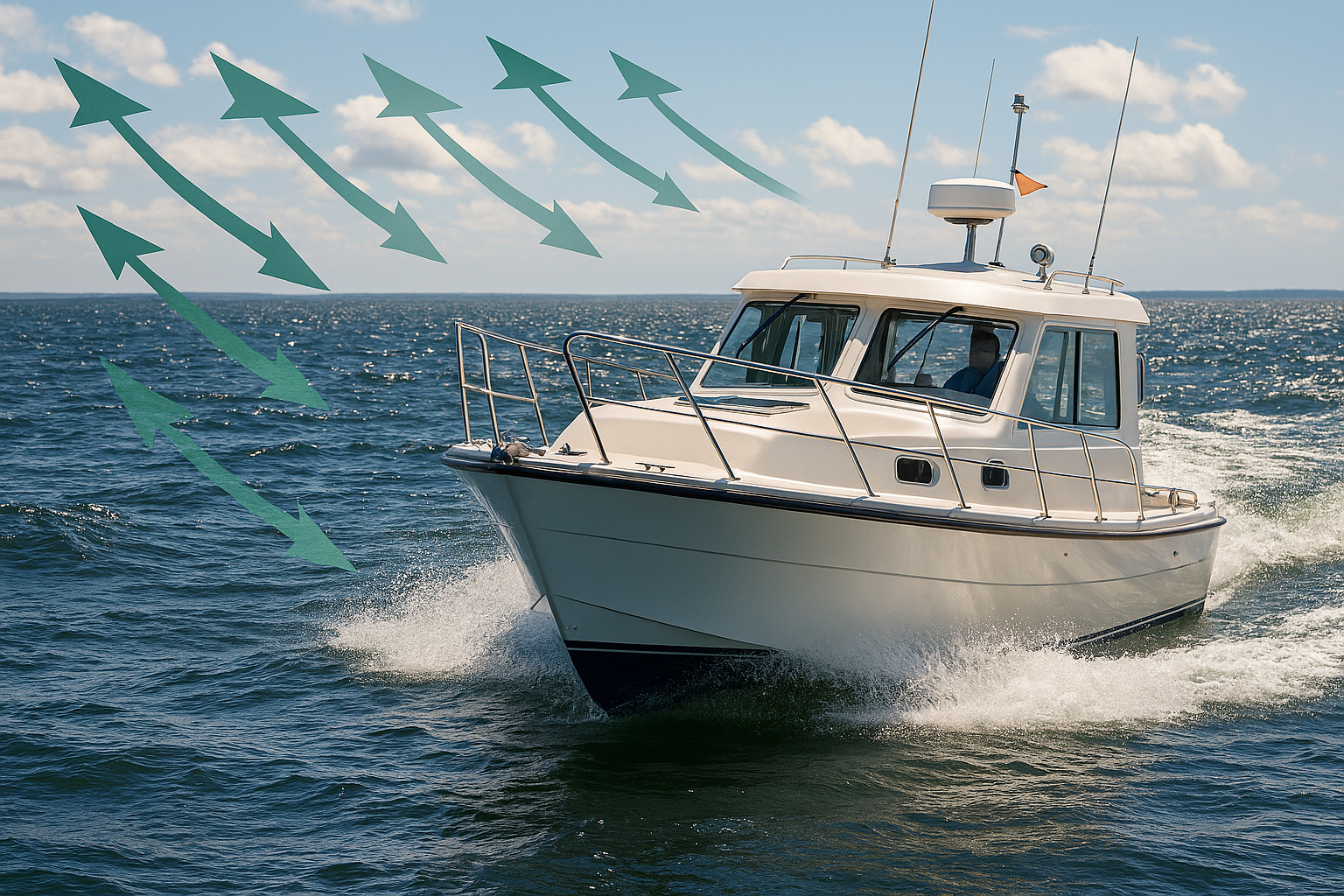 Wind Factor when Navigating. A confident powerboat cuts through open water under a bright sky while visible wind arrows show gusts pushing across the surface. The image highlights boating safety by illustrating how wind direction affects vessel control, stability, and navigation decisions. A focused captain maintains course awareness, demonstrating responsible boating behavior and the importance of boating education. The visual supports lessons taught in boating certificate and boater license courses, especially those required for Connecticut Boating Certificates and safe boating certification programs. Waves reflect wind pressure, reinforcing the need for smart boating practices, proper mindset boating, and continuous situational awareness on the water.