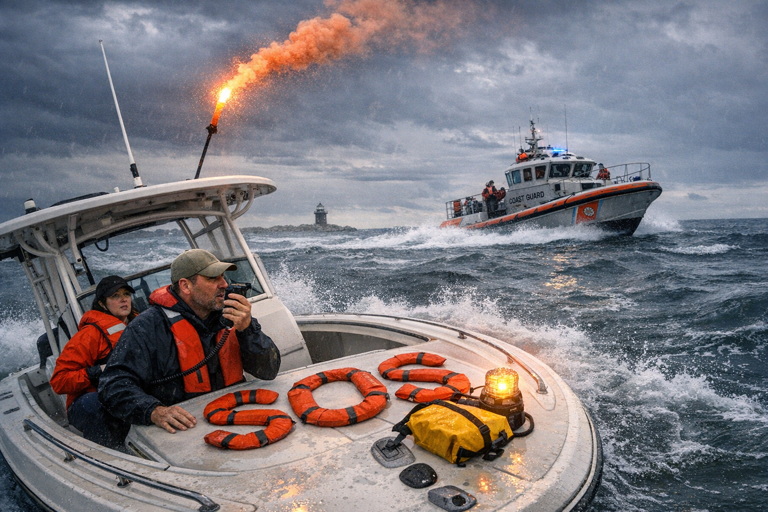 A distressed recreational boat signals for help in rough Long Island Sound waters as a Coast Guard response vessel approaches, highlighting responsible boating, boating safety, and the importance of proper training such as a safe boating certificate and boating education.