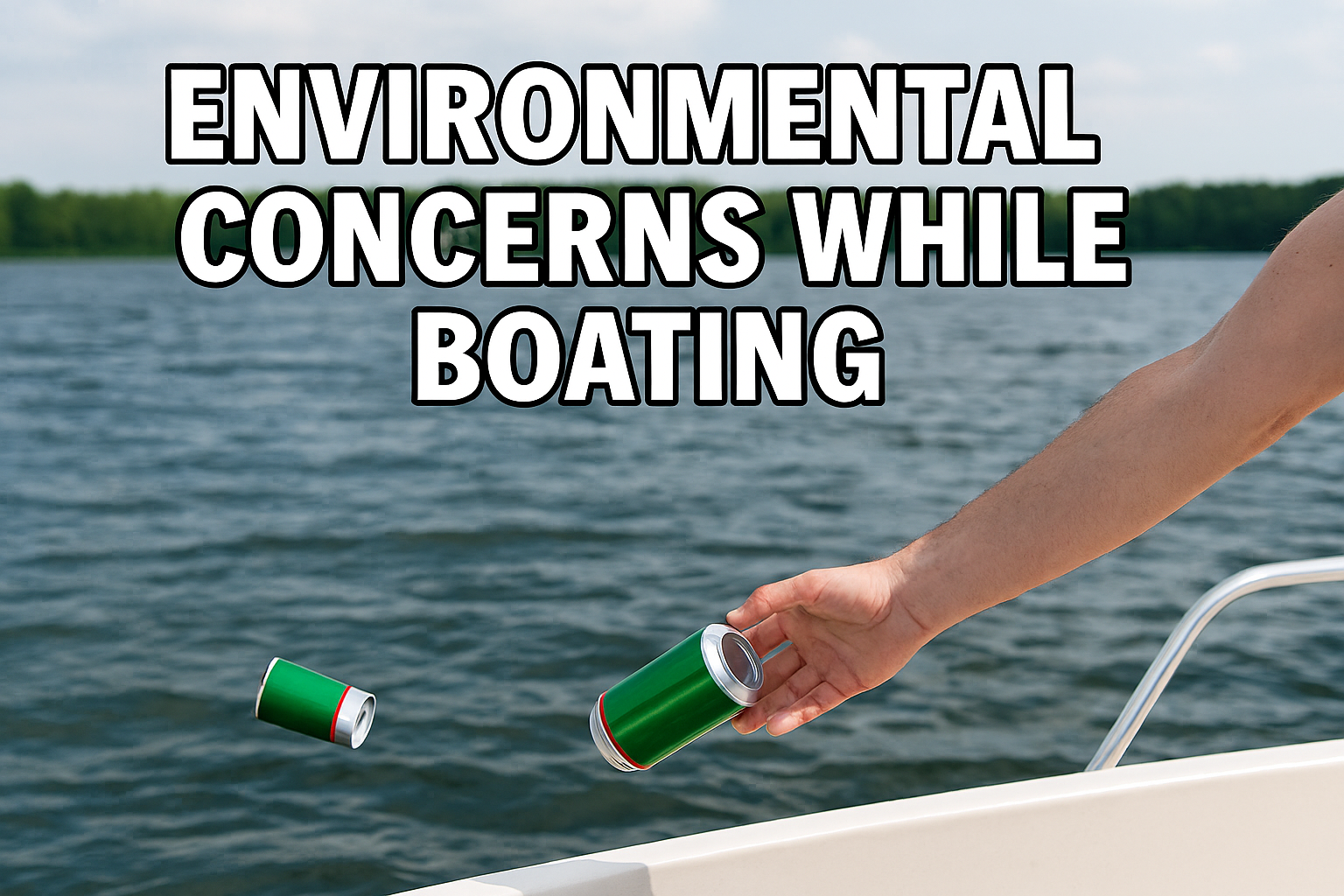 A small powerboat moves across calm water while a person’s arm extends outward, dropping an empty aluminum can into the lake. The boat surface shows scattered ropes and a metal railing while forested shoreline appears in the distance under a bright sky. The scene portrays careless boating behavior and highlights the importance of boating safety, responsible boating habits, smart boating decisions, and strong boating education. The discarded can represents preventable pollution that boaters can avoid with a proper mindset boating approach. The moment underscores why boaters pursuing a boating certificate, boaters license, or safe boating certificate benefit from training that encourages environmental awareness. The image supports discussions used by Connecticut Boating Certificates and similar programs.