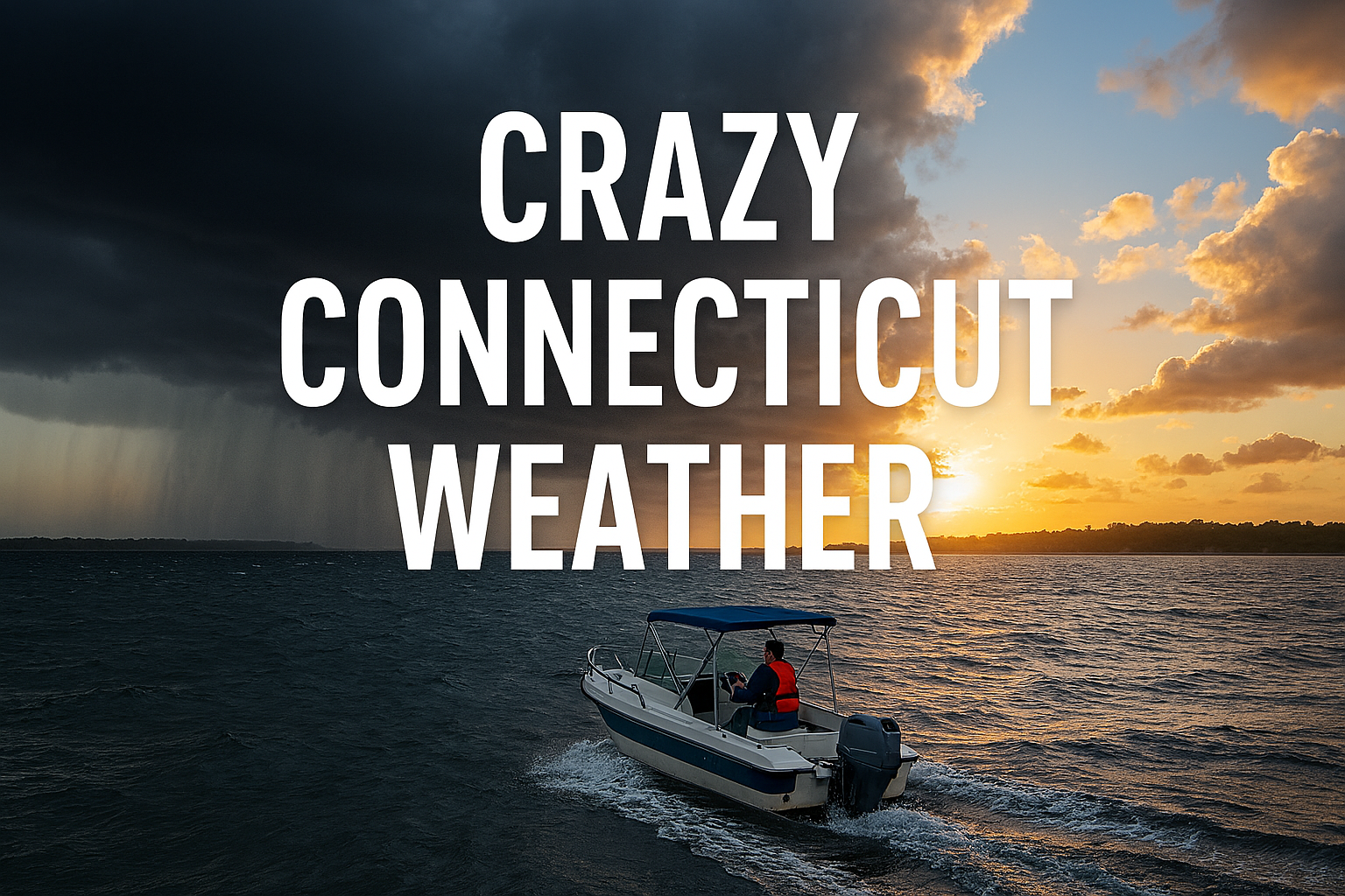 Small motorboat navigating choppy Connecticut waters under dramatic skies, showing sunny conditions on one horizon and storm clouds on the other, symbolizing Crazy Connecticut Weather and the importance of boating safety, responsible boating, and proper decision‑making for anyone pursuing a boating certificate or safe boating certificate in Connecticut.