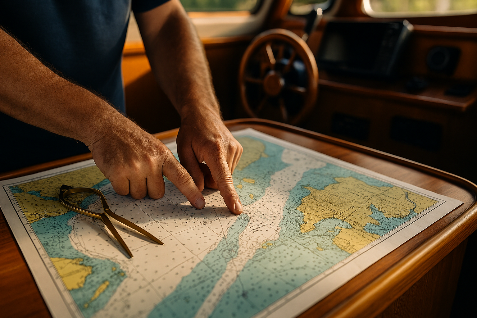 Experienced hands rest over a detailed nautical chart inside a classic boat cabin, demonstrating reading nautical charts for boating safety and responsible navigation in Connecticut waters. The image illustrates proper boating education techniques required for earning a Connecticut boating certificate, emphasizing safe route planning, understanding chart symbols, soundings, and navigation aids essential for obtaining a boaters license and practicing smart, responsible boating on inland and coastal waterways.