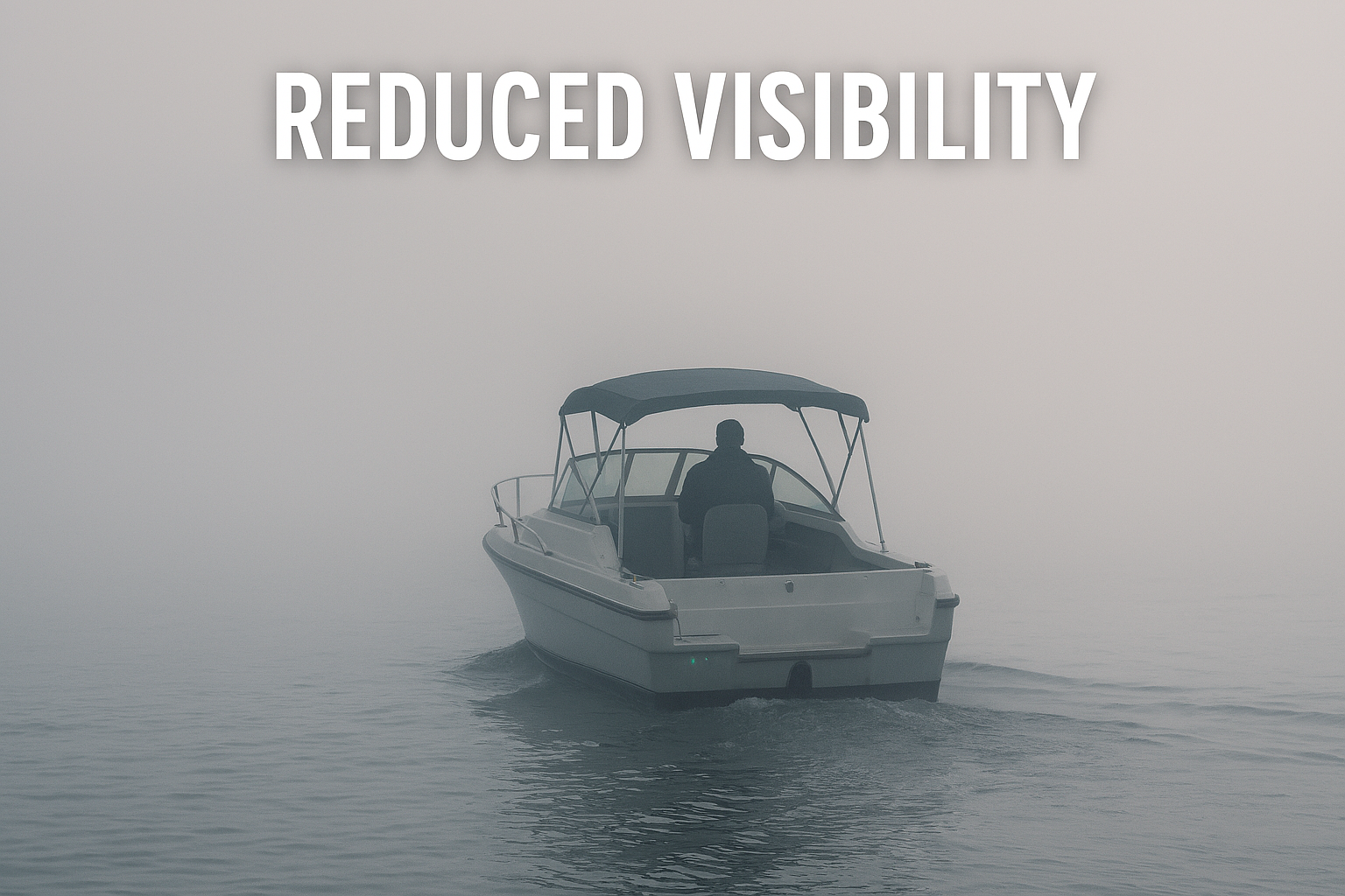 Boat operating at slow speed in heavy fog demonstrating responsible boating safety practices during reduced visibility conditions in Connecticut waters. In CBC Class Reduced visibility is taken very seriously.