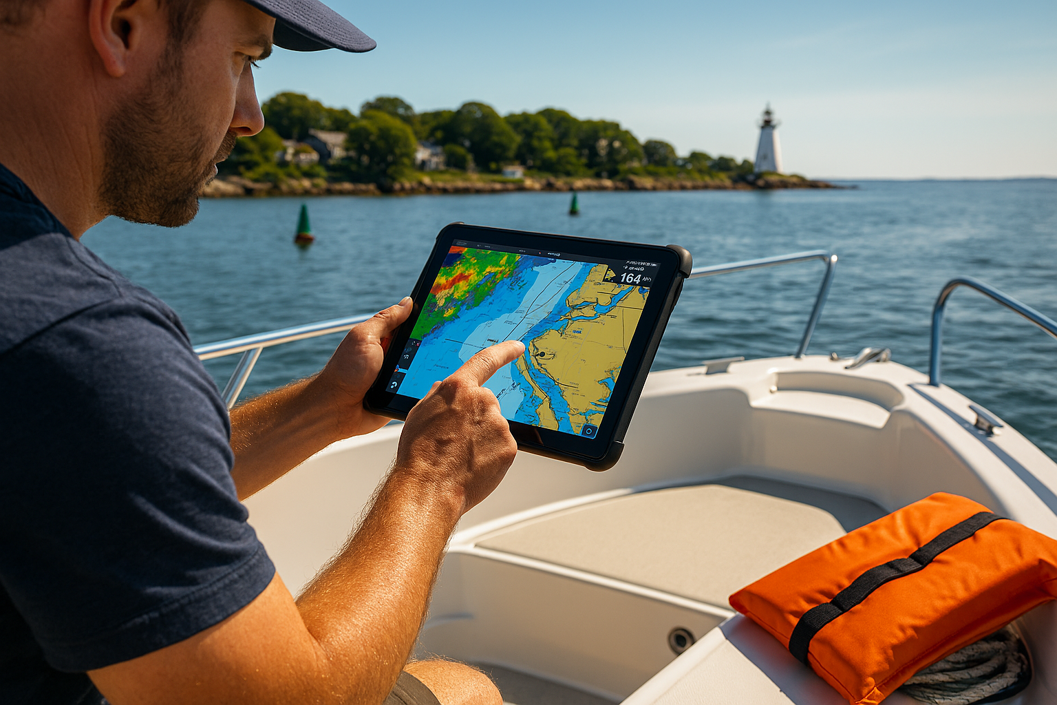 A stunning realistic scene shows a modern recreational boat cruising along a scenic Connecticut waterway, with a confident captain using boating apps on a tablet for navigation and boating safety. The screen displays marine charts, weather overlays, and route planning tools commonly used for smart boating and responsible boating practices. Calm water, distant shoreline homes, and a lighthouse define the background, representing Connecticut boating culture. Sunlight reflects sharply on the water, creating a crisp, high detail image. Safety gear sits neatly arranged, reinforcing boating education and proper mindset boating. The composition highlights modern tools paired with safe boating certificate awareness and practical seamanship. This powerful image captures navigation, safety, technology, and confidence for Connecticut boaters license training and recreational boating excellence. It also illustrates connectivity between digital mapping and real world awareness, emphasizing boating certificate readiness and smart boating decisions. The captain’s posture signals confidence and attention, reinforcing responsible boating behaviors crucial for Connecticut waterways. Nearby channel markers remain visible, reminding viewers of navigation rules and boating education essentials. Every detail supports safe travel, from updated charts to safety awareness, helping future users understand Connecticut boaters license expectations and maritime responsibility and confident trip planning for all boaters everywhere today.