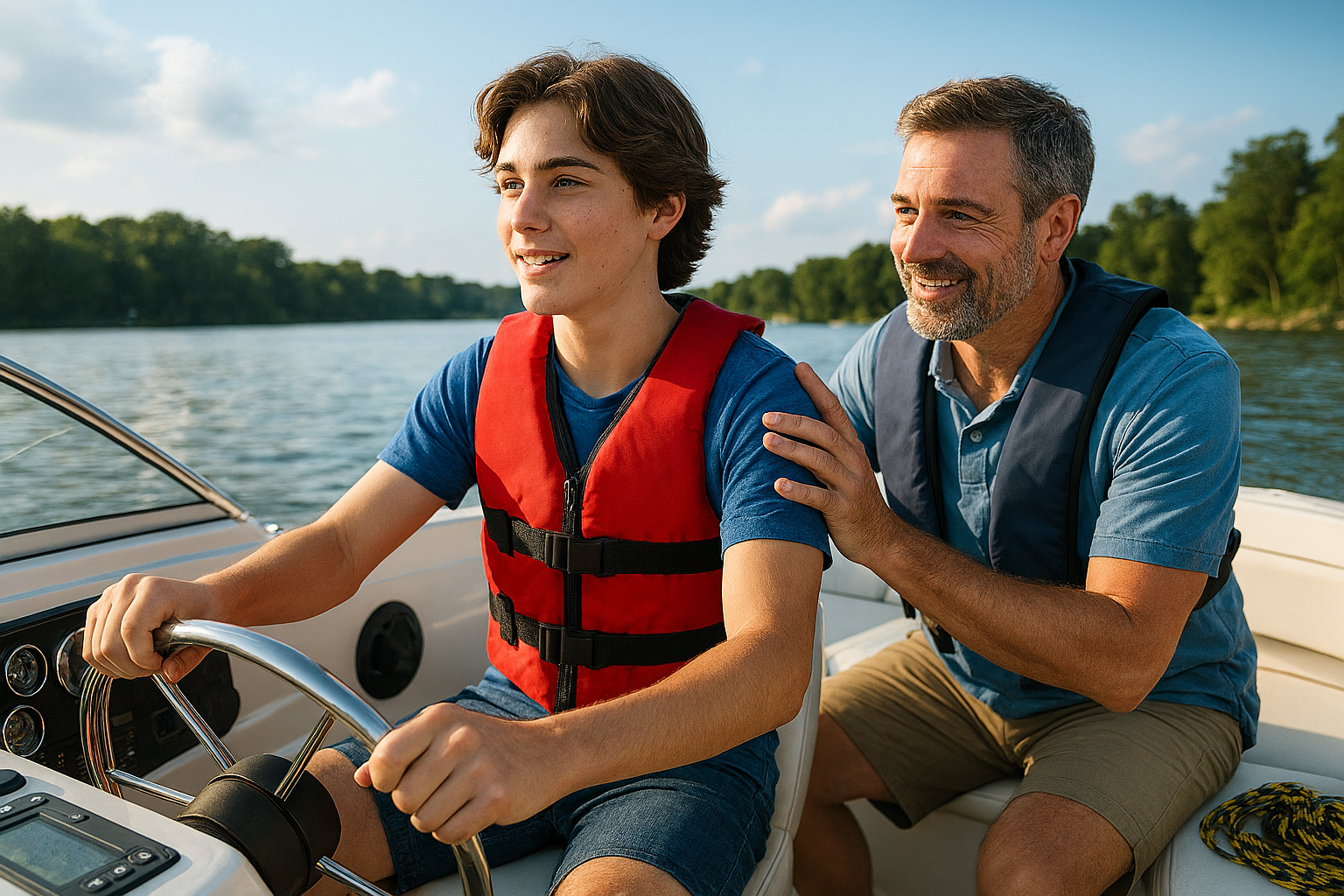 A realistic scene shows a parent and teen on a small motorboat cruising calm Connecticut waters under warm sunlight with sparkling reflections. The teen holds the wheel with focused confidence while the parent guides with a supportive smile. Safety gear including life jackets is clearly visible reinforcing boating safety and responsible boating habits. The dashboard and controls look sharp highlighting boating education in action. Nearby shoreline trees suggest scenic Connecticut Boating environments ideal for learning skills and earning a boating certificate. The image captures teamwork smart boating decisions and the proper mindset boating requires. Equipment like navigation tools and lines appear organized showing readiness for safe boating certificate training. The composition feels dynamic yet calm promoting confidence for Connecticut boaters license learners. Overall the visual reflects practical instruction positive energy and structured guidance from Connecticut Boating Certificates programs focused on success. It also illustrates clear weather steady water conditions ideal for first lessons and controlled practice sessions. Subtle ripples and soft wind suggest movement while maintaining comfort and safety for new operators. Every visual element supports learning confidence and boaters license readiness for Connecticut families seeking credible training and certification pathways today. Together they build skills and trust on every trip. Teaching Teens to Boat: A Guide for Parents and Instructors