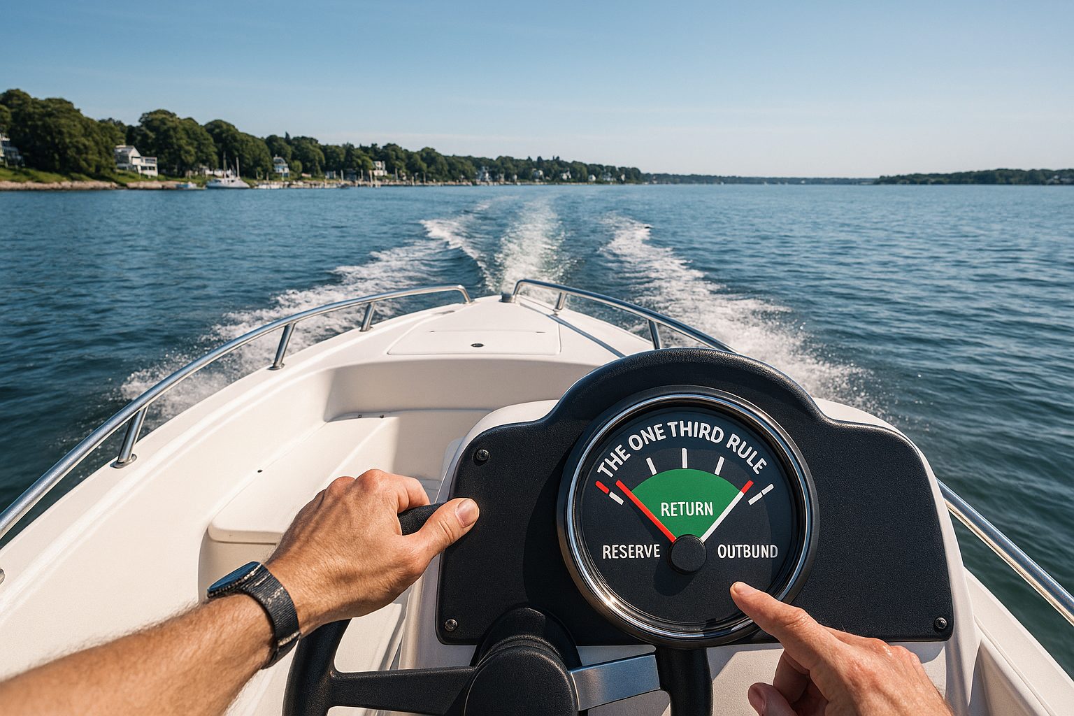 A stunning and sharp realistic boating scene showing a motorboat cruising across calm coastal Connecticut waters under a bright blue sky. The captain confidently reviews a fuel gauge while a subtle overlay graphic illustrates The One Third Rule for fuel management. The environment features a scenic New England shoreline with marinas and green trees, reflecting responsible boating practices and smart boating awareness. The image highlights boating safety principles with a focus on preparation, fuel planning, and proper mindset boating. The captain demonstrates boating education in action, reinforcing the importance of a boating certificate and boaters license for safe operation. This scene represents Connecticut Boating at its best, promoting safe boating certificate programs and responsible boating habits. The composition communicates real-world boating safety and fuel awareness, helping new and experienced operators understand the value of The One Third Rule. Created for Connecticut Boating Certificates, this image supports learning, preparedness, and confident navigation, while encouraging boaters to follow safety guidelines and earn their Connecticut boaters license through structured boating education programs designed for safer waterways.