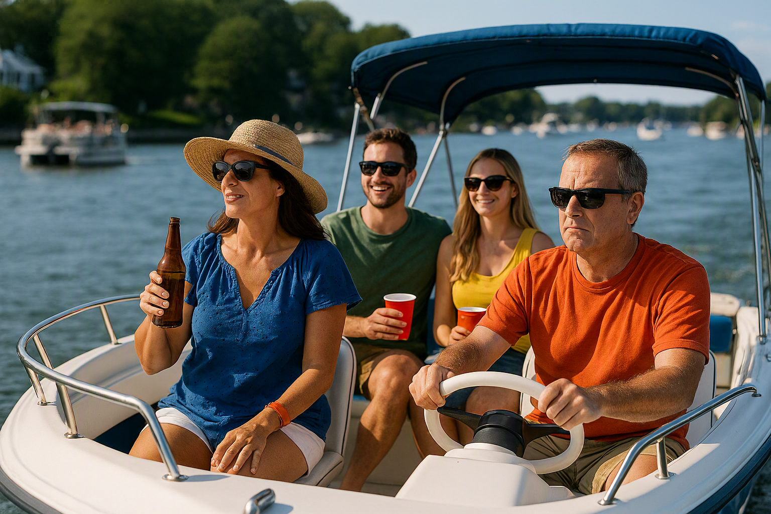 A stunning and realistic holiday boating scene shows a recreational powerboat traveling across a busy, sunlit waterway during a popular summer weekend. Clear blue water stretches into the distance while several boats navigate nearby, highlighting the crowded conditions commonly seen during holiday boating periods. A focused vessel operator maintains control at the helm while passengers enjoy the day on board. The image captures the importance of boating safety, responsible boating, and smart boating during peak recreational boating seasons. Bright sunlight reflects from the water, creating sharp detail and vivid colors across the boat and surrounding landscape. Waterfront homes, anchored vessels, and green shoreline trees provide an authentic backdrop for Connecticut Boating and other regional boating destinations. The scene illustrates both enjoyment and caution, reminding boaters that safe decisions matter when waterways become busy. This realistic boating image supports topics including boating education, boating certificate requirements, boaters license training, safe boating certificate programs, Connecticut boaters license courses, and Connecticut Boating Certificates instruction. The composition emphasizes attentive operation, situational awareness, and proper mindset boating. Overall, the image represents the balance between recreation and safety that every operator should maintain during crowded holiday weekends on the water nationwide.