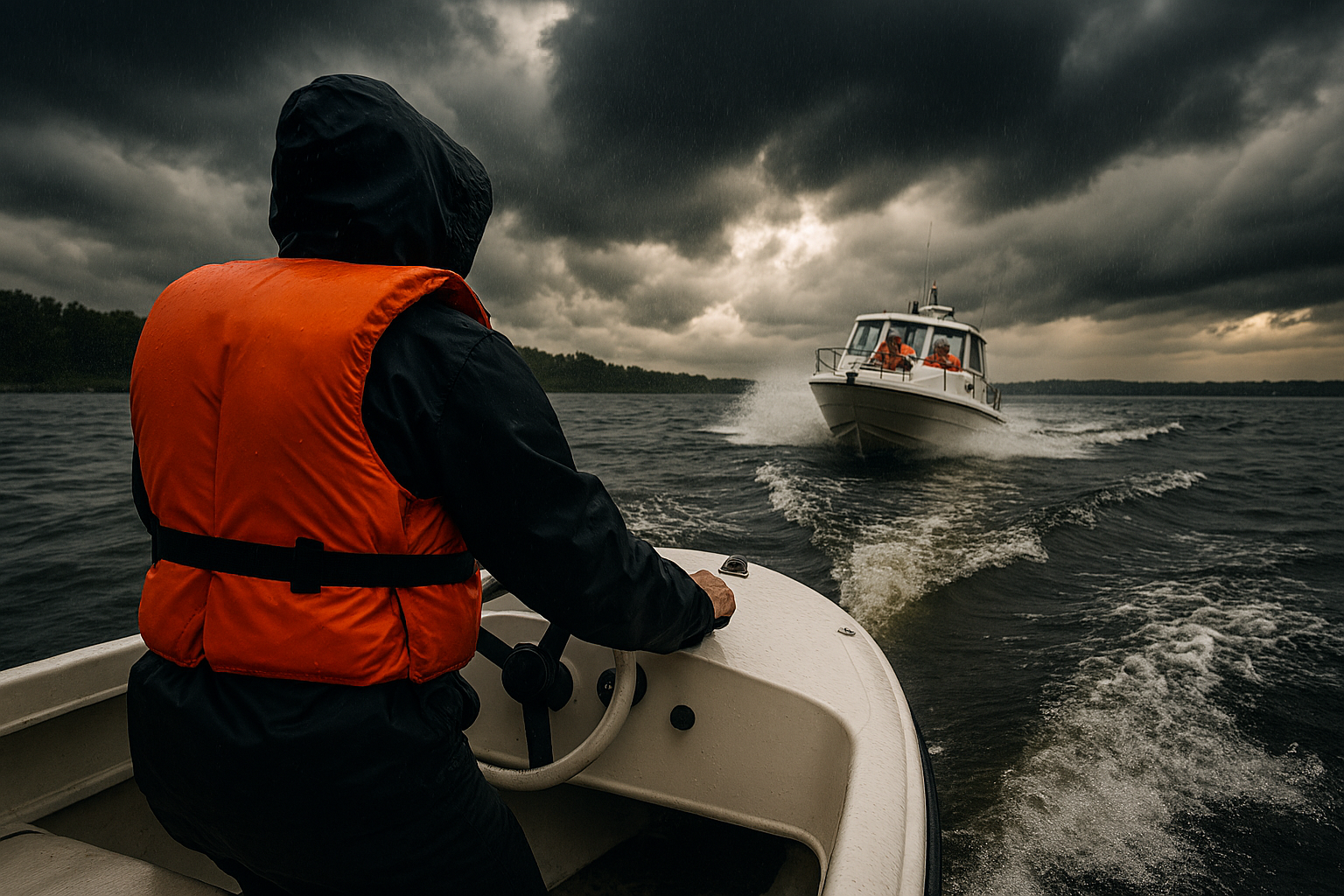 A dramatic and realistic boating safety scene unfolds under dark storm clouds over open water. In the foreground, a small recreational boat cuts through choppy waves while a boater wearing a bright orange life jacket grips the steering wheel tightly. The posture shows urgency and alertness, reflecting a moment where proper mindset boating becomes critical. In the distance, a larger vessel approaches at noticeable speed, creating a growing wake that adds tension and highlights how quickly conditions can become dangerous. The sky appears heavy and unstable, suggesting rapidly changing weather often discussed in boating education courses. The contrast between the dark environment and the bright safety gear emphasizes the importance of responsible boating and wearing proper equipment. This image represents common errors covered in boating safety training, including poor lookout, speed misjudgment, and lack of preparation. Additionally, the visual strongly supports messages taught in a boating certificate or Connecticut boaters license course. It reflects real-world scenarios faced by Connecticut Boating enthusiasts and reinforces the need for a safe boating certificate. Overall, this high-impact scene captures the urgency of smart boating decisions and the consequences of ignoring foundational safety principles.