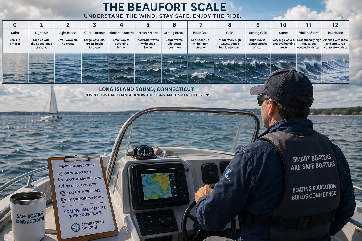 A stunning and highly realistic boating scene on Long Island Sound illustrates the practical value of understanding wind conditions through the Beaufort Scale. A well-equipped recreational boater operates a modern powerboat while observing changing wave patterns across open water. The image displays sparkling sunlight, sharp details, and excellent visibility, highlighting the connection between boating safety, boating education, and real-world decision making. Whitecaps form in the distance, demonstrating increasing wind strength that every responsible boater should recognize. The surrounding waters of Connecticut Boating territory reflect conditions commonly experienced by local boaters throughout the boating season. Visible navigation equipment, life jackets, and attentive seamanship reinforce the importance of a proper mindset boating approach. The scene captures smart boating practices and emphasizes how knowledge helps boaters react confidently to changing conditions. This educational image supports discussions about the Beaufort Scale, boating certificate requirements, safe boating certificate training, and the value of earning a boaters license. Connecticut boaters license students and graduates of Connecticut Boating Certificates programs can identify visual weather clues shown throughout the image. The sharp waves, open horizon, and active boating environment encourage responsible boating habits while demonstrating how wind awareness improves safety, comfort, and confidence on Long Island Sound and other coastal waterways.