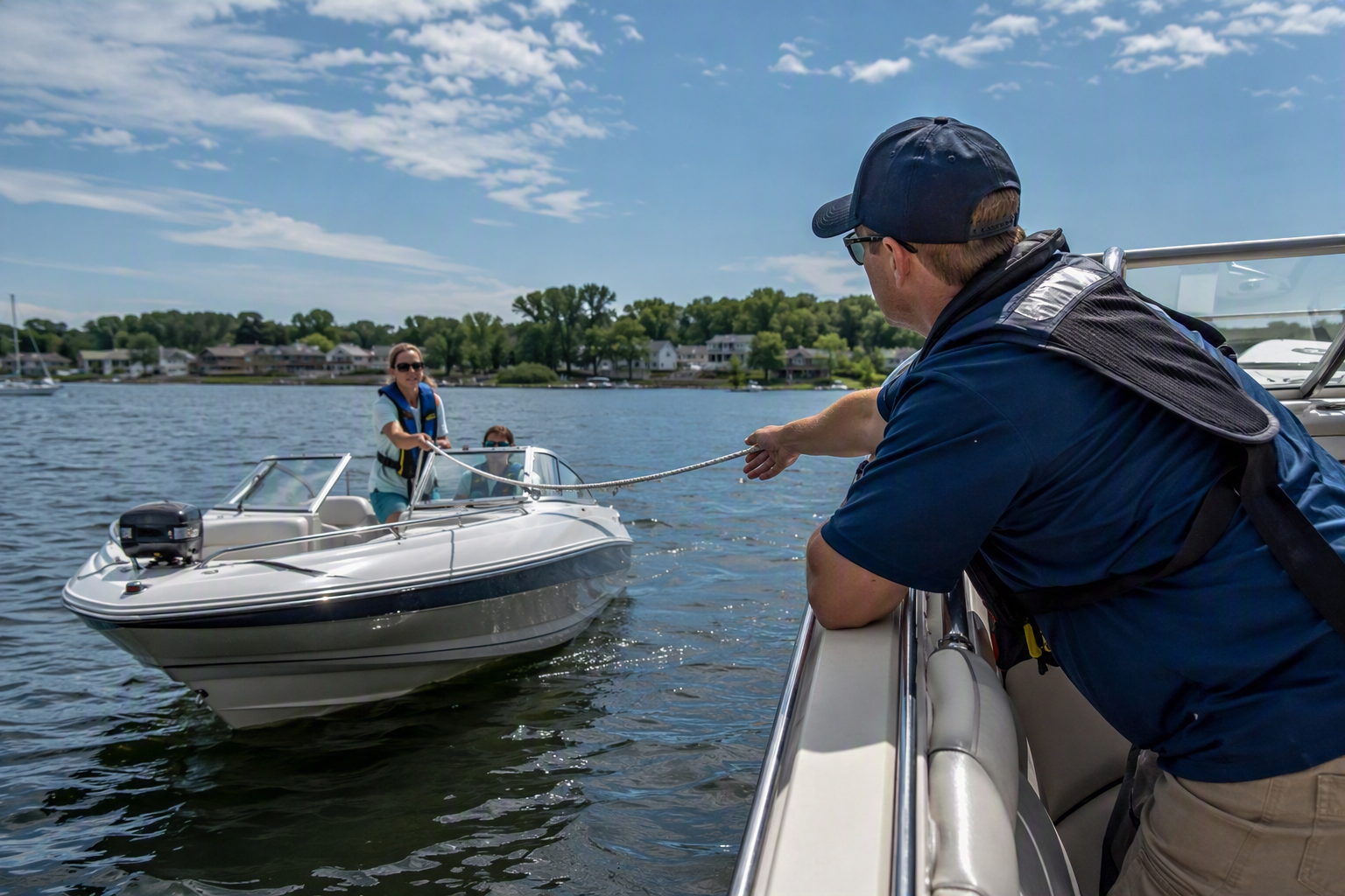 A realistic boating safety scene shows a responsible boat operator providing assistance to another vessel on calm inland waters during daylight. The image captures the spirit of Rendering Assistance and reflects the legal and ethical responsibilities discussed in the boating safety blog. A boater aboard a larger vessel extends a line toward a smaller recreational boat experiencing difficulty. Both operators wear life jackets and demonstrate safe boating practices while maintaining awareness of their surroundings. Clear skies, smooth water conditions, and visible shoreline homes create a relatable recreational boating environment. The scene highlights responsible boating, boating education, and the importance of maintaining a proper mindset boating approach during emergencies. The image illustrates how trained boaters can help others while protecting passengers and remaining within safe operating limits. It also reinforces key concepts associated with a boating certificate, safe boating certificate, Connecticut Boating, and Connecticut boaters license education programs. The visual emphasizes cooperation, preparedness, and boating safety awareness. It serves as a strong representation of community responsibility on the water, demonstrating how informed boaters can respond effectively when another vessel needs support. The image promotes smart boating decisions, emergency readiness, and confidence gained through boating education and Connecticut Boating Certificates.
