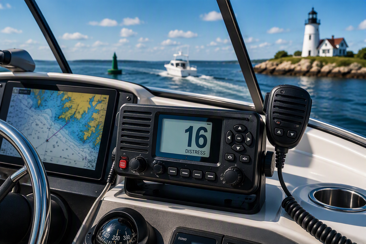 A modern marine VHF radio mounted at the helm of a recreational powerboat during a clear day on coastal waters. The communication unit displays Channel 16 while positioned beside a navigation chartplotter. Calm blue water, a navigational buoy, a passing vessel, and a distant lighthouse create an authentic boating environment. The image represents boating safety, marine communication, boating education, and responsible boating practices. Essential equipment appears sharp and professionally maintained, reflecting the importance of preparedness on the water. The scene supports safe boating certificate training, Connecticut Boating education, and boater awareness through reliable communication technology. Research and Review: VHF Radios