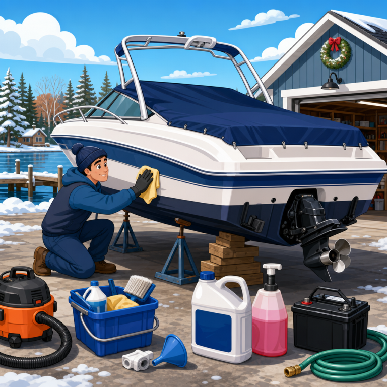 Experienced boater performing DIY winterizing your boat maintenance beside a clean recreational vessel stored for winter in Connecticut. The image shows careful engine preparation, fuel system inspection, battery maintenance, and protective boat covering. Marine tools rest neatly nearby while autumn colors reflect around a coastal marina. The scene emphasizes boating safety, boating education, responsible boating, and smart boating practices. The vessel appears well maintained and ready for off-season storage. This realistic image supports Connecticut Boating, boating certificate training, boaters license education, safe boating certificate programs, and the mission of Connecticut Boating Certificates to promote knowledgeable and prepared boat owners.