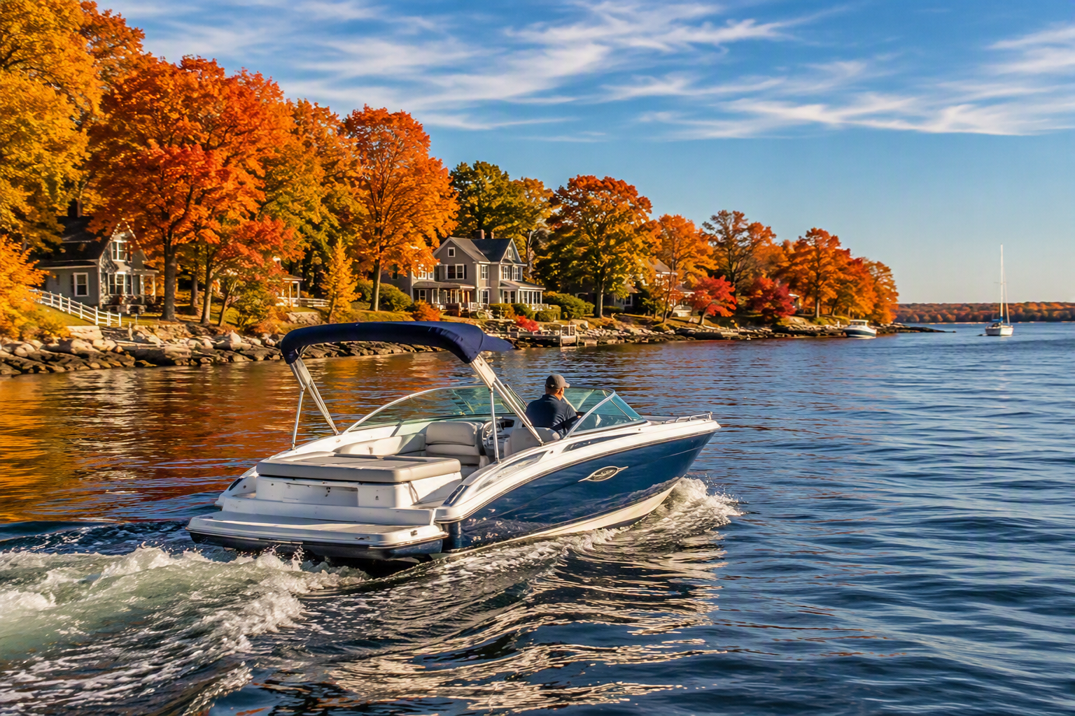 Beautiful autumn boating scene along the Connecticut shoreline featuring a modern recreational boat cruising across calm water surrounded by vibrant red, orange, and golden fall foliage. The captain operates the vessel safely while enjoying crisp seasonal weather and stunning coastal scenery. This realistic image represents Fall Boating in Connecticut, boating safety, boating education, responsible boating, and smart boating practices. The peaceful setting highlights the importance of a boating certificate, Connecticut boaters license, and safe boating certificate training. Connecticut Boating Certificates promotes proper mindset boating, safe navigation, seasonal preparation, and enjoyable recreational boating experiences throughout Connecticut waterways.