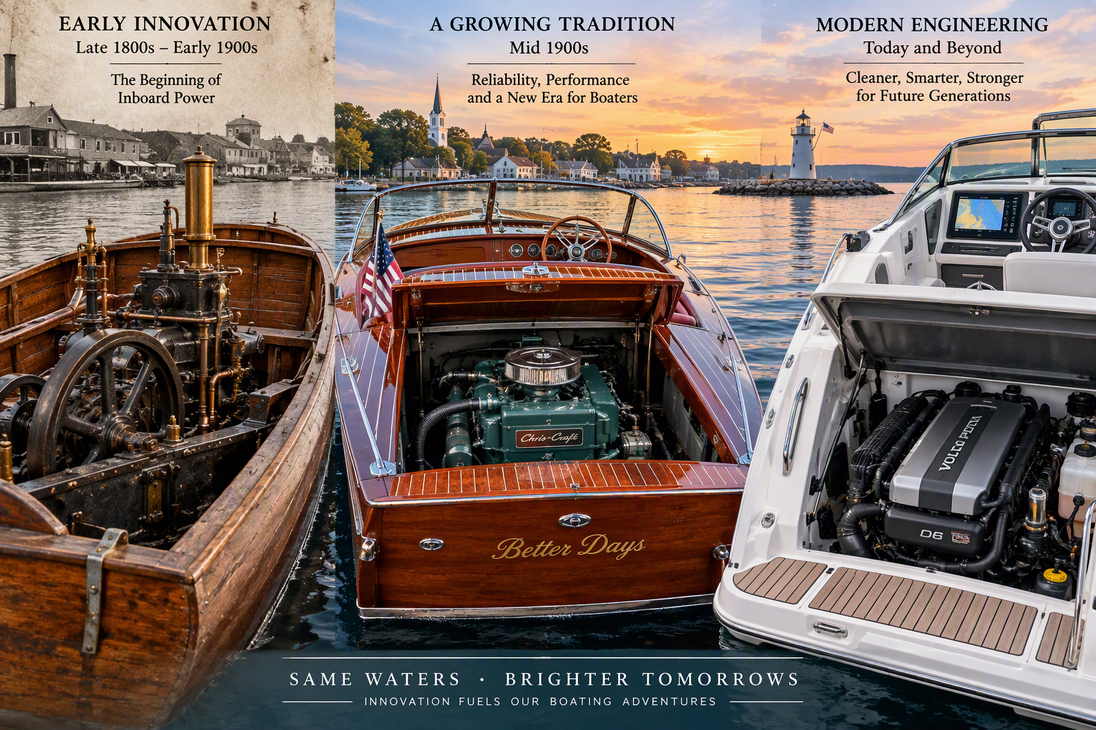 Historic marine propulsion timeline featuring the evolution of inboard boat engines from early mechanical designs to modern marine power systems. The image shows a traditional wooden launch, a classic mahogany runabout, and a contemporary recreational cruiser positioned along a waterfront setting. Detailed engine components highlight the advancement of boating technology and marine engineering. The scene emphasizes boating education, boating safety, responsible boating, Connecticut Boating, and recreational boating history. This realistic image supports boating certificate training, Connecticut boaters license education, safe boating certificate programs, smart boating practices, and the mission of Connecticut Boating Certificates to promote lifelong learning and boating knowledge.