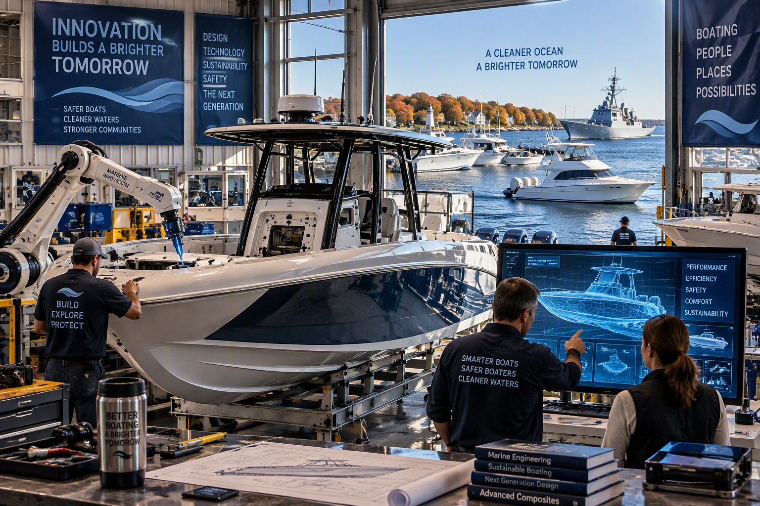 Futuristic recreational boat under construction inside an advanced marine manufacturing facility. Engineers review digital vessel designs while artificial intelligence systems assist with boatbuilding processes. Modern boats, marine technology, smart navigation systems, and innovative engineering concepts appear throughout the realistic scene. A distant naval vessel symbolizes broader maritime innovation without dominating the image. The photograph reflects the future of recreational boating, boating safety, boating education, responsible boating, Connecticut Boating, and modern vessel design. The image supports boating certificate training, Connecticut boaters license education, safe boating certificate programs, and the mission of Connecticut Boating Certificates to encourage informed and prepared boaters. The Next Decade of Boat Building.